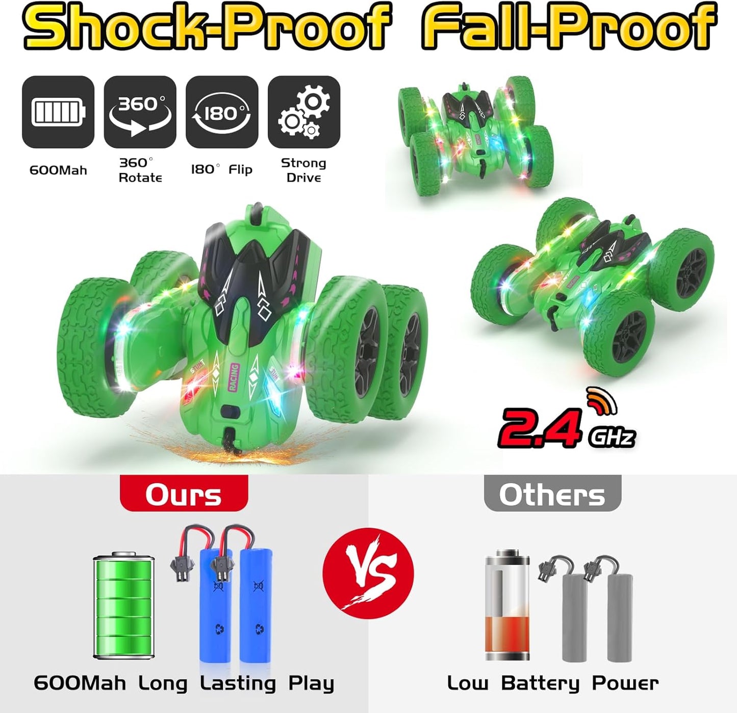 Remote Control Car, RC Cars, RC Stunt Car Toys New Upgraded Strip Light & Headlight, 6000mAH, 4WD 360° Rotating, Double Sided, Toy for Boys Girls Christmas Birthday Gift