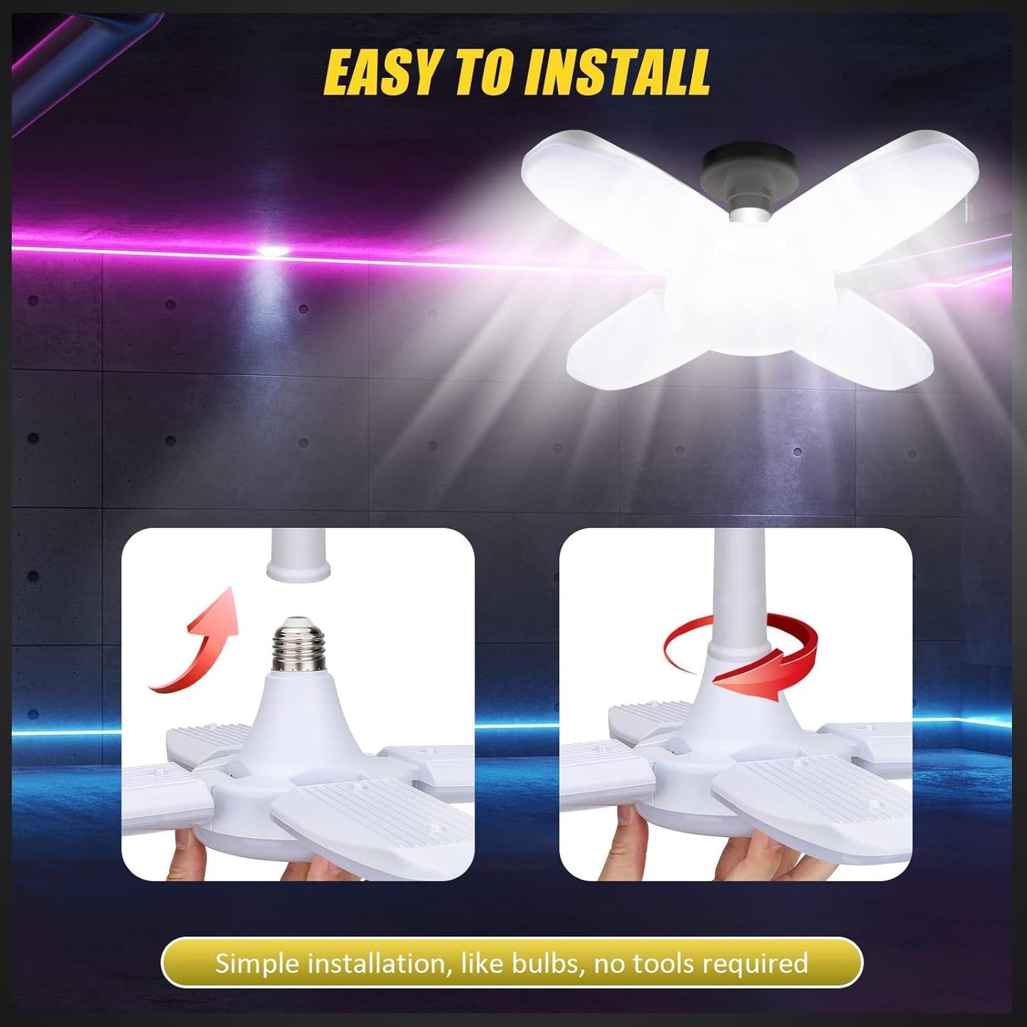 LED Garage Lights 4 Pack, 80W LED Shop Light with 4+1 Multi-Position Panels Deformable E26/E27 Ceiling Light, 6500k 8000LM Ceiling Led Daylight for Shop, Basement, Workshop, Attic, Barn