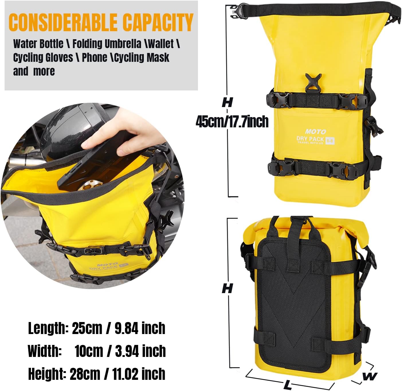 Motorcycle Tail Bag Front Bumper Bag, 8L Roll-top Waterproof Motor Saddle Panniers Luggage Bags for Bike Motorcy-Yellow