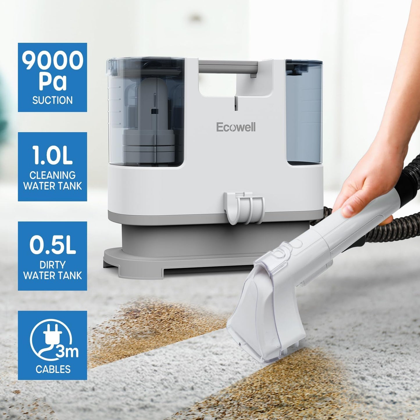 ECOWELL Portable Upholstery Carpet Cleaner,Wet Dry Deep Cleaning Sofa Carpet Spot Shampooer Machine, Independent Dual Water Tank Design for Spot, Stain,Area Rugs, Cars & More, 12Kpa Suction WDV01