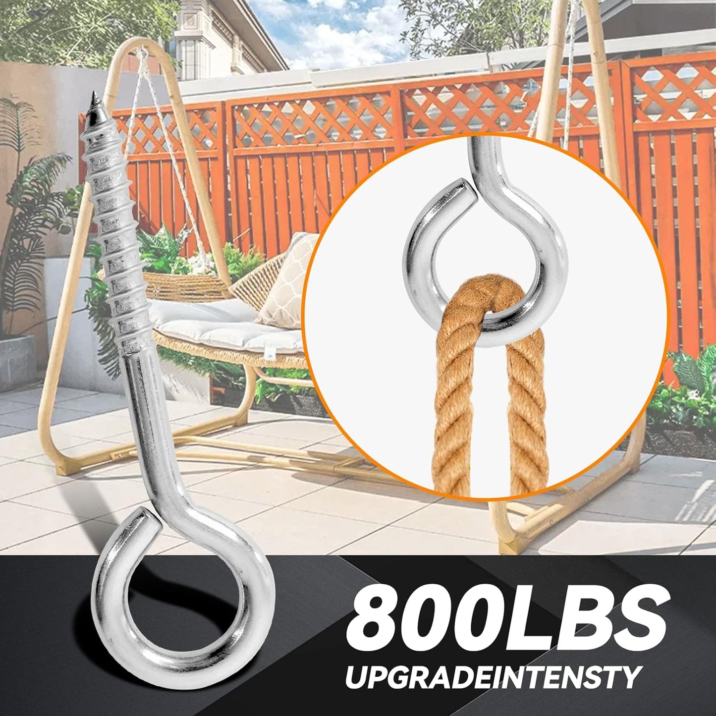 2Pcs 6 Inch Heavy Duty Screw Eyes Hooks, 304 Stainless Steel Self Tapping Eyelet Screw Eye Bolts,800LBS Breaking Strength, Screw in Eye Hooks for Wood Securing Cables Wire. (2, M10-6 Inch)