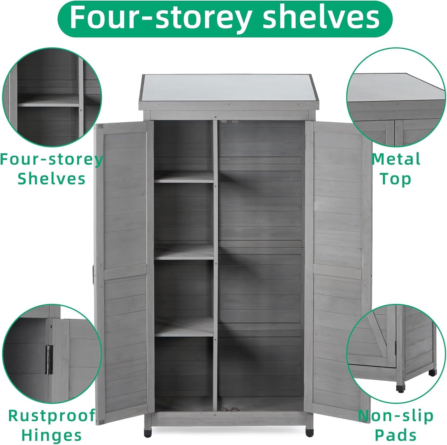 Outdoor Storage Shed Waterproof, Potting Shed with Storage Cabinet and Metal Table Top for Backyard Garden Patio, Outdoor 68 Inches Wood Tall Shed