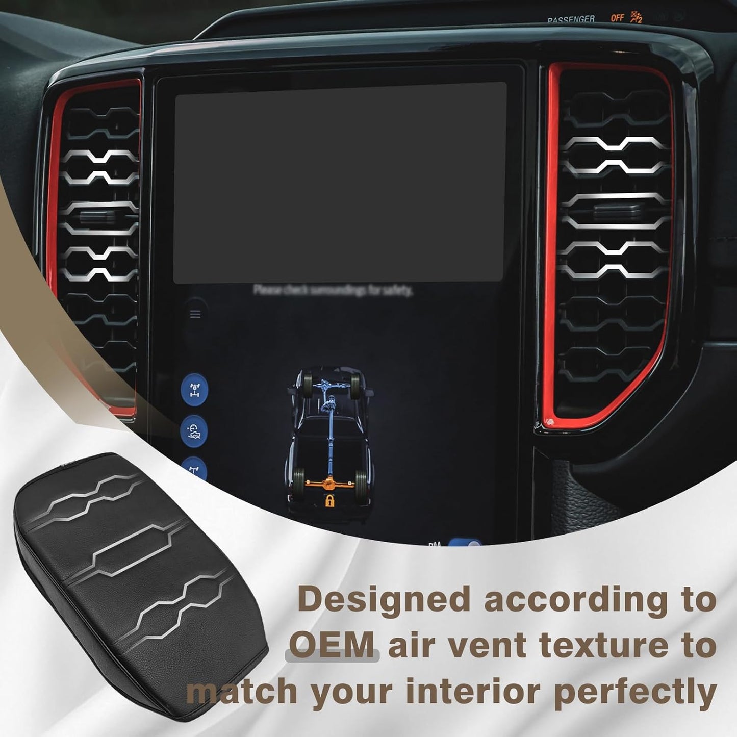 Muslogy Center Console Armrest Cover Compatible with Ford Ranger 2024 2025 Accessories Comfort Armrest Pad Cushion Box Lid Cover Vegan Leather Protector Regular Thick(Black/Black Stitching)