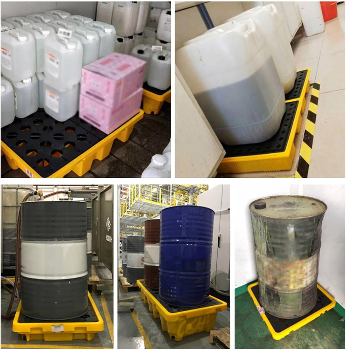 Drum Containment Spill Pallet, Industrial Nestable Oil Drums Leak-Proof Tray, Garage Storage Detachable Anti Slip Polyethylene Platform with Drain (Color : Yellow-5 Pack, Size : 51.2"x26.8"x