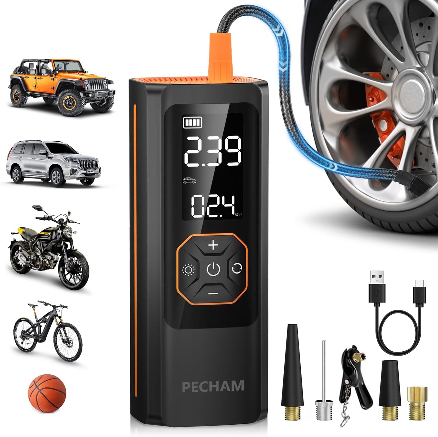 PECHAM Tire Inflator Portable Air Compressor,USB 5V 20000mAh Battery 160PSI Cordless Tire Pump Electric Air Pump for Car Tires,Fits Car/Truck/Motorcycle/Balls/Bicycles