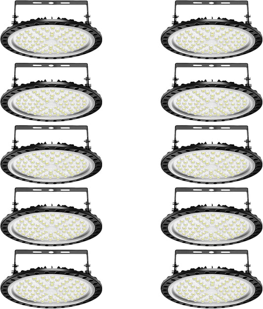 Viugreum 10 Pack 300W UFO LED High Bay Lights, 30000LM 6000K-6500K Daylight White Ultra Thin LED Warehouse Lighting, IP65 Waterproof Commercial Bay Lighting Garage Shop Area Light