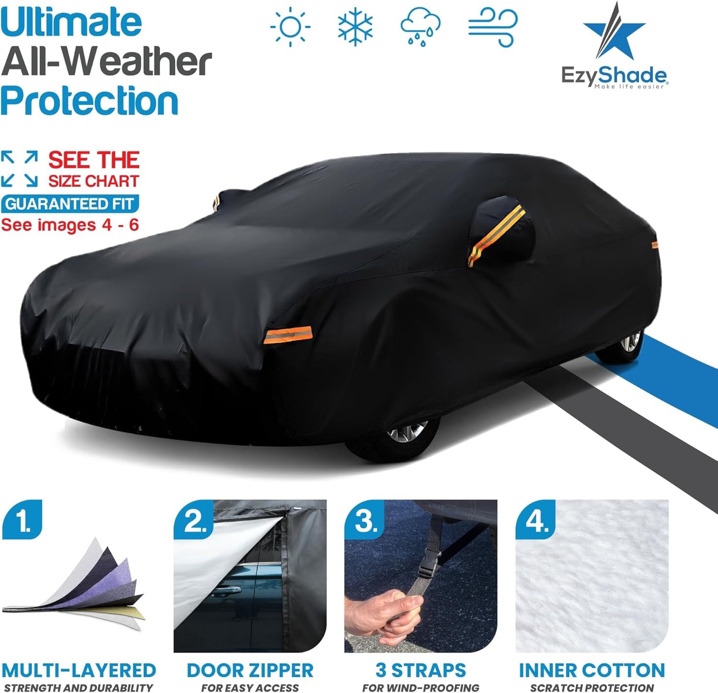 EzyShade 10-Layer Car Cover Waterproof All Weather - See Vehicle Size-Chart - Car Covers for Automobiles & Car Snow Cover - Full Exterior Covers - Rain Sun Wind Snow. Black, Size A4 (See SizeChart)