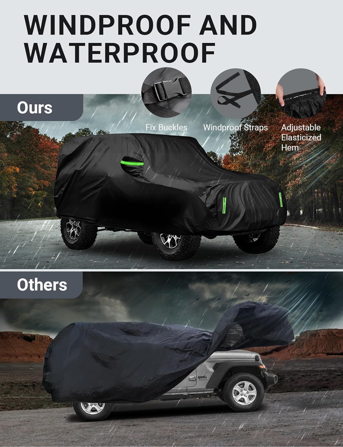 Proadsy 6 Layers Car Cover Custom Fit for Jeep Wrangler 4 Door JK JL YJ TJ 2018-2024 2025 Windproof All Weather Waterproof Sun Rain UV Dust Snow Protection Outdoor Covers