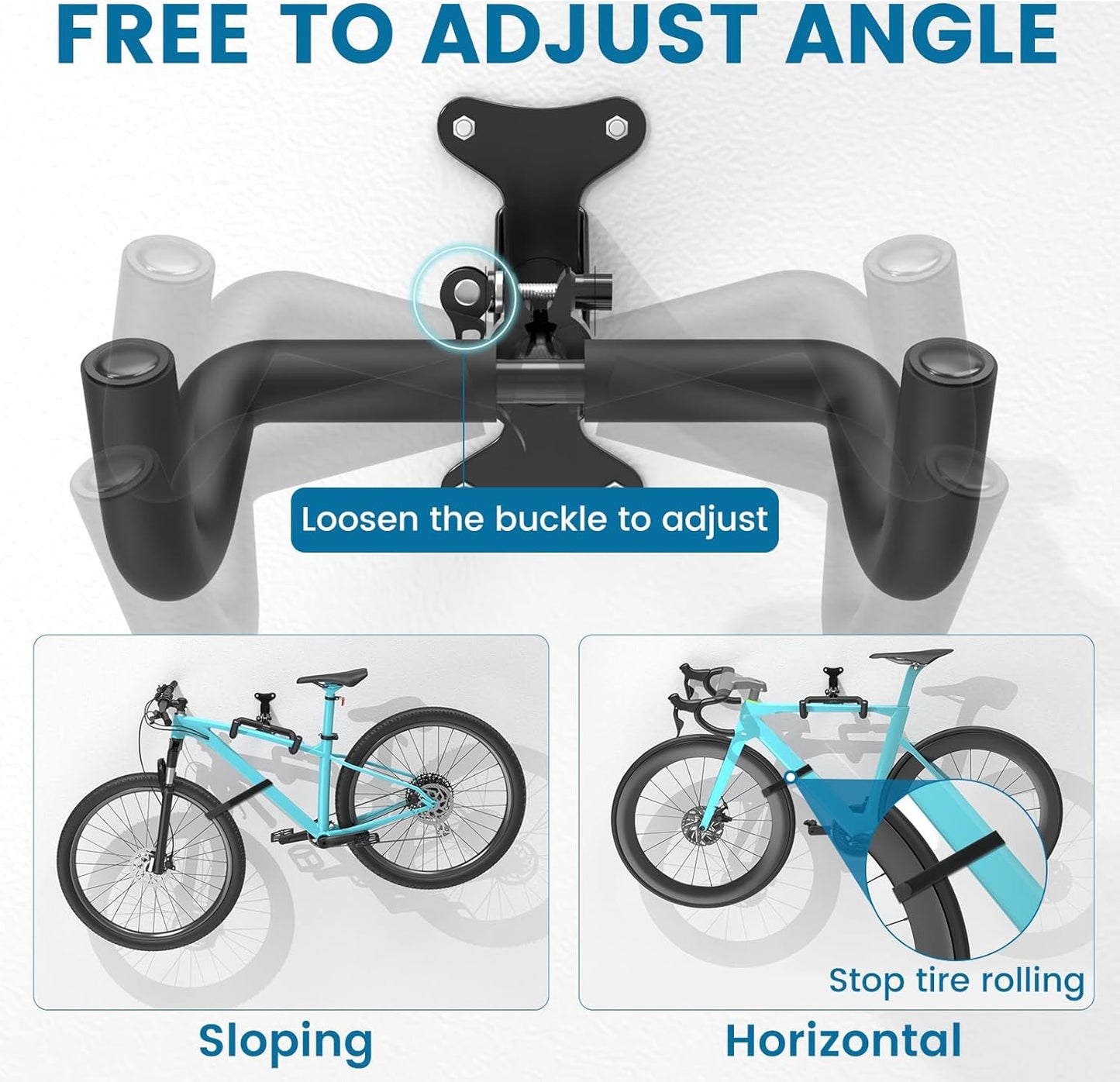 Bike Wall Mount - [4 Pack] EVA Foam Padded up to 48.5 lbs, Carbon Steel, Valve Mechanism, Heavy-Duty Adjustable Bike Wall Hanger for Road, Mountain and Hybrid Bikes, Garage & Apartment