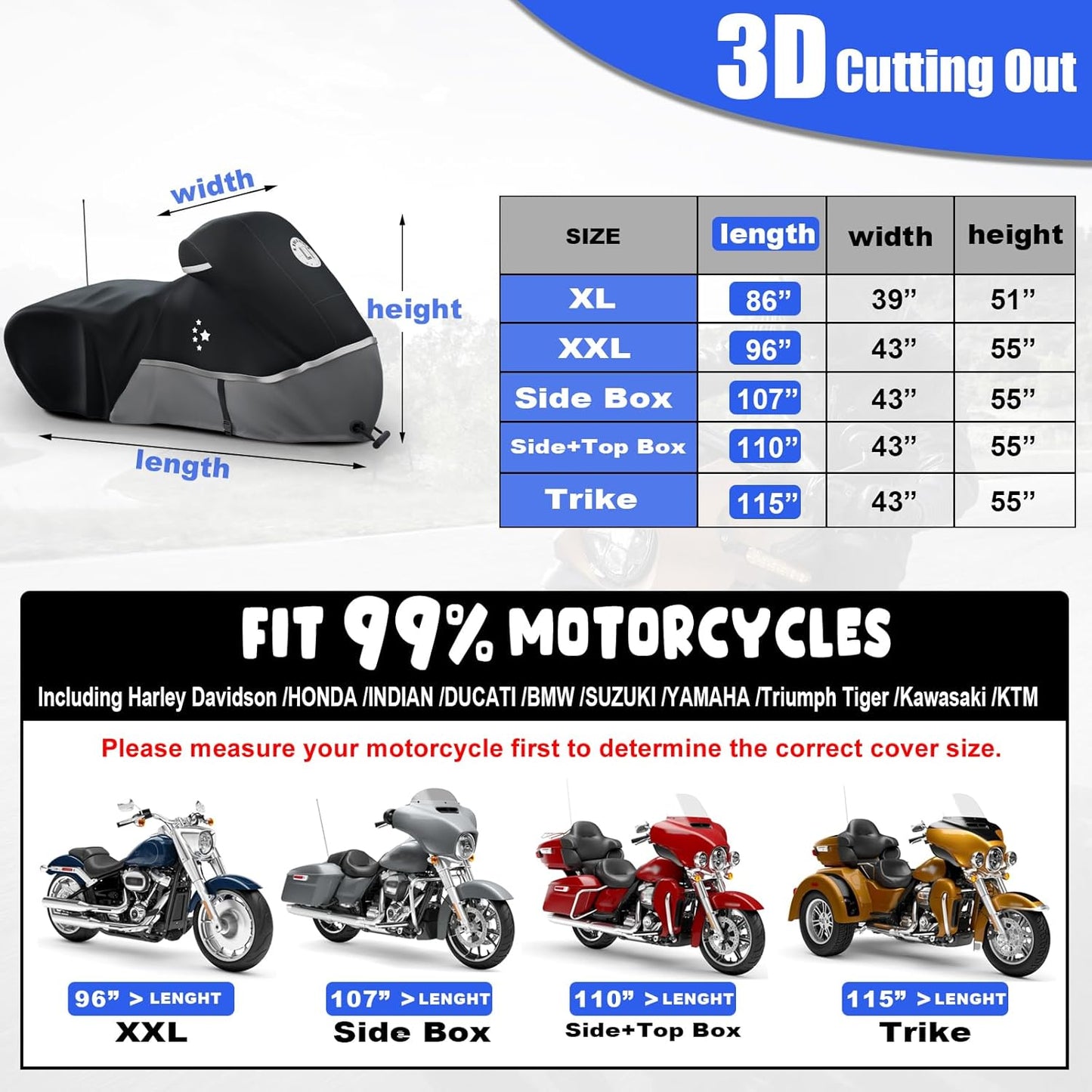 Motorcycle Cover 420D Heavy Duty All Season Universal Weather Waterproof Outdoor Protection 96" XXL Vehicle Cover/Black/Gray