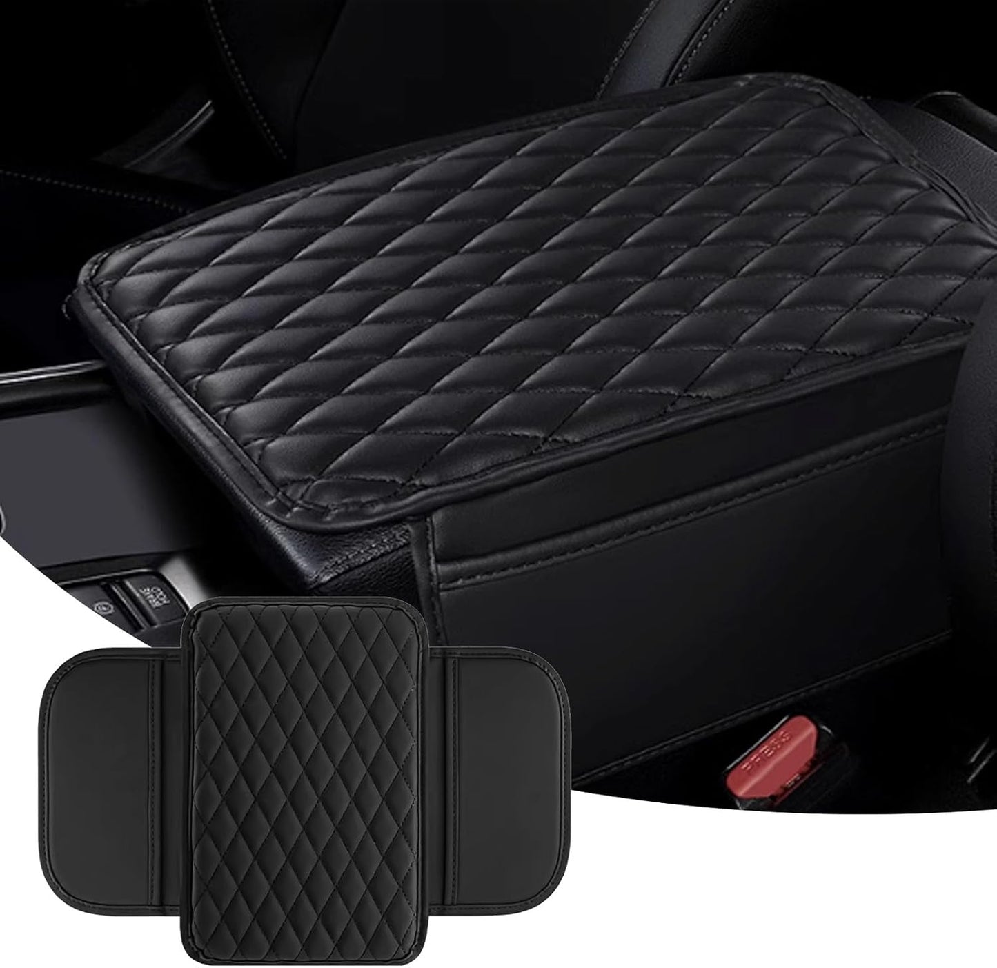 Car Center Console Cover, Upgraded Leather Arm Rest Cover for Car SUV, Car Middle Armrest Console Cover with 2 Storage Bags Scratch Resistant Waterproof Universal Car Accessories (Black)