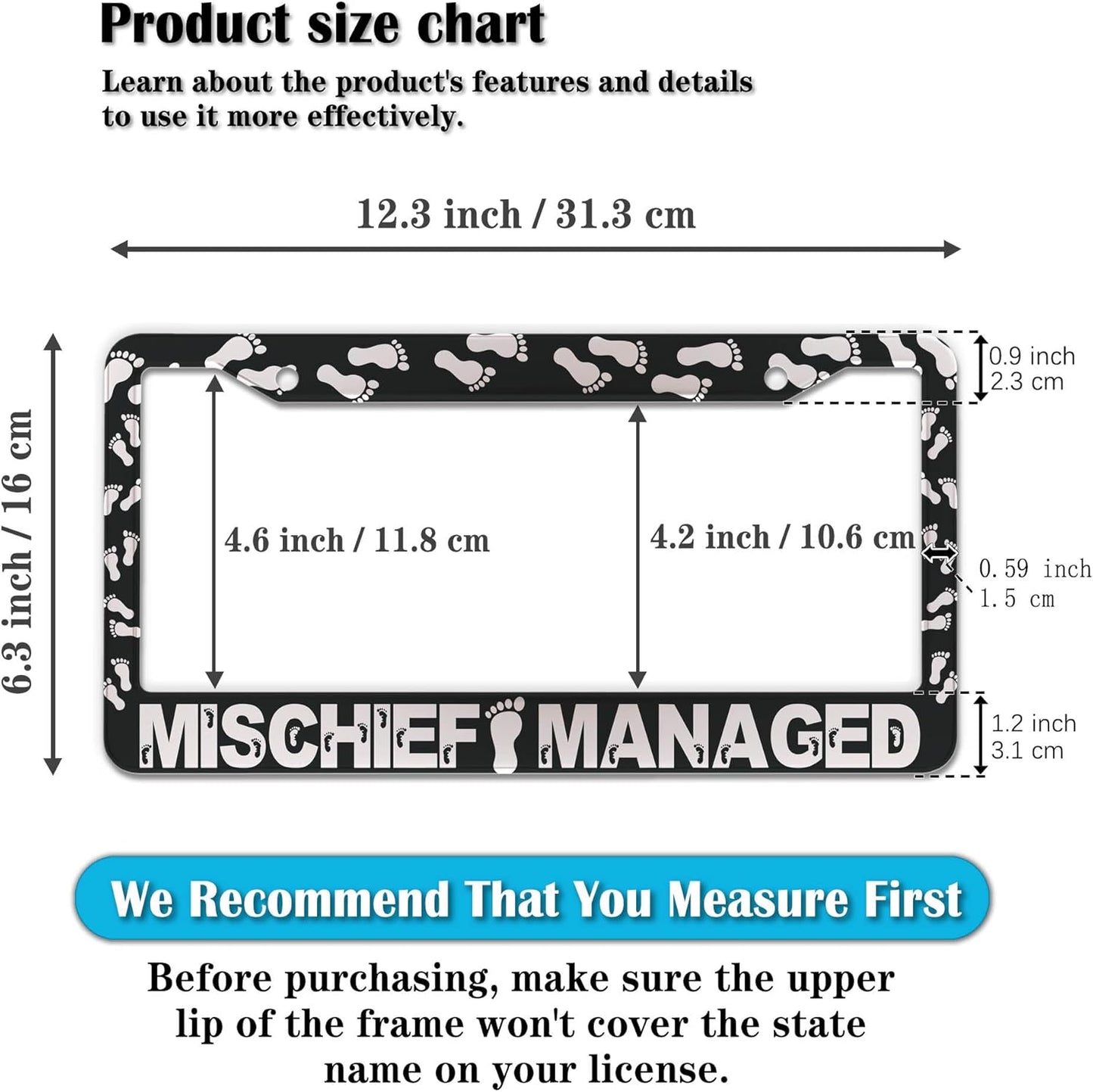 Automotive Exterior Accessories Black and White License Plate Frames Mischief Managed Universal Aluminum Car Accessory 2 Pack with Screw Covers Set