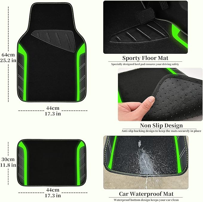 CAR PASS Leather Steering Wheel Cover and Waterproof Car Floor Mats,Microfiber Universal Car Combo Fit for 95% Sedan,SUV,Cars,14.5-15inch Sporty Anti-Slip Comfortable Design(Black＆Fluorescence Green)