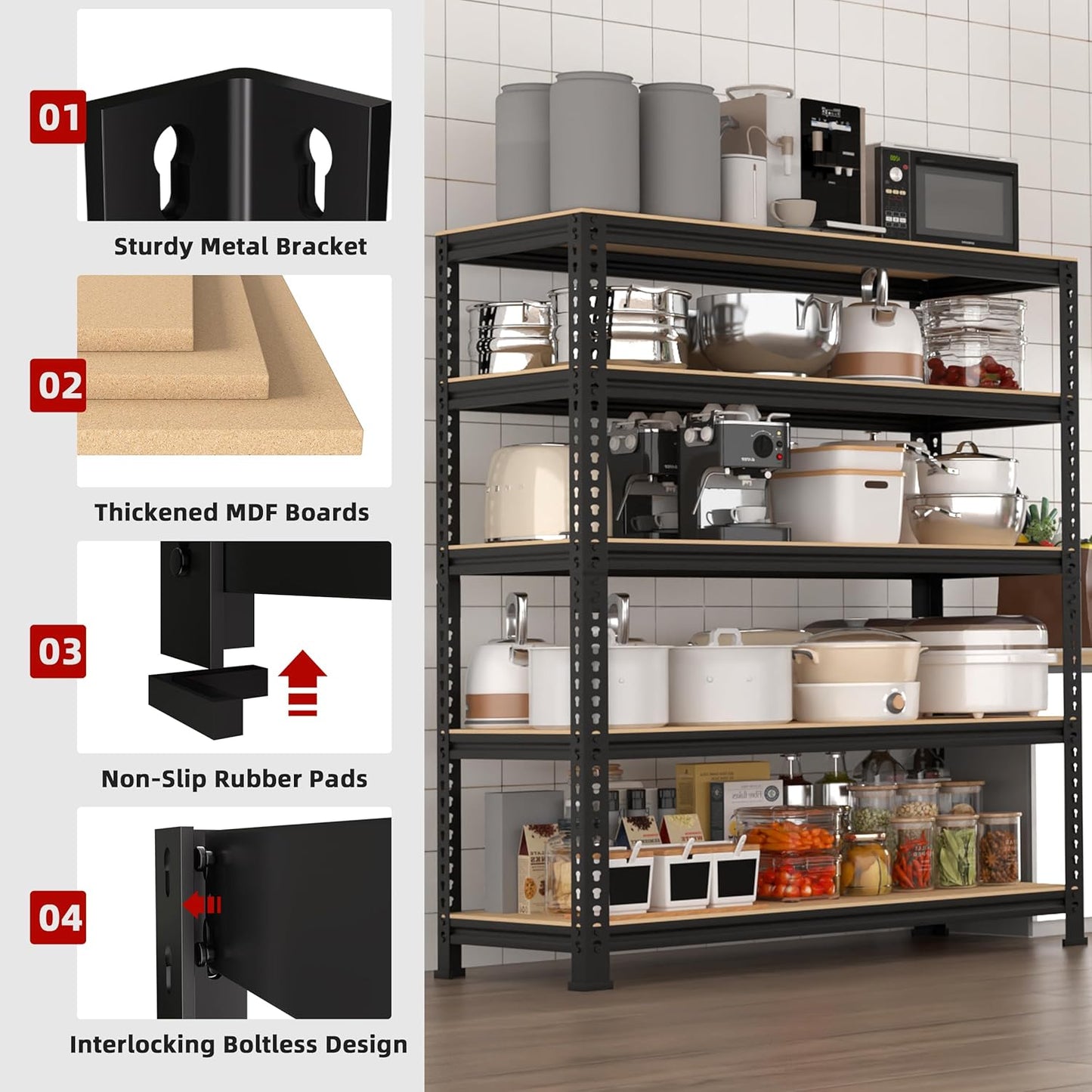 5-Shelf Heavy Duty Shelving - Adjustable Garage Storage Shelves, Metal Utility Storage Racks for Warehouse Pantry Basement Kitchen, Garage Organizers Shelf Unit, Black