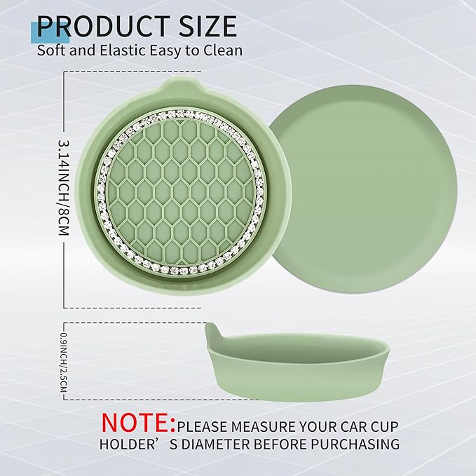 Amooca Car Cup Coaster Universal Non-Slip Cup Holders Bling Crystal Rhinestone Car Interior Accessories 2 Pack Tea Green