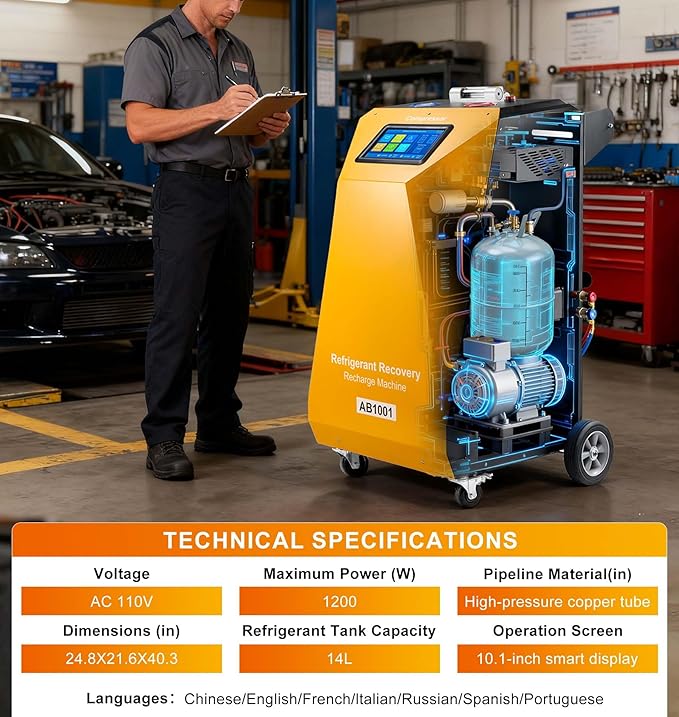 Fully Automatic Refrigerant Recovery Machine for R134a and R1234yf, Recharging Machine for Hybrid and Non-Hybrid Automotive A/C Systems