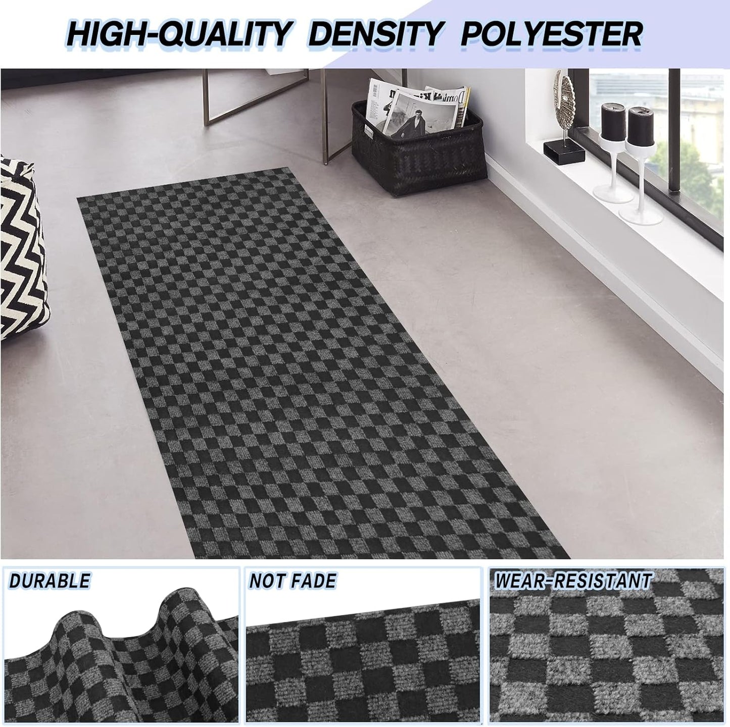 Custom Size Backed Non-Slip Area Rugs Runner, Easy Clean, Waterproof Runner Rugs for Hallway Entryway, Kitchen, Laundry, 2FT x 72FT, Gray Checkered