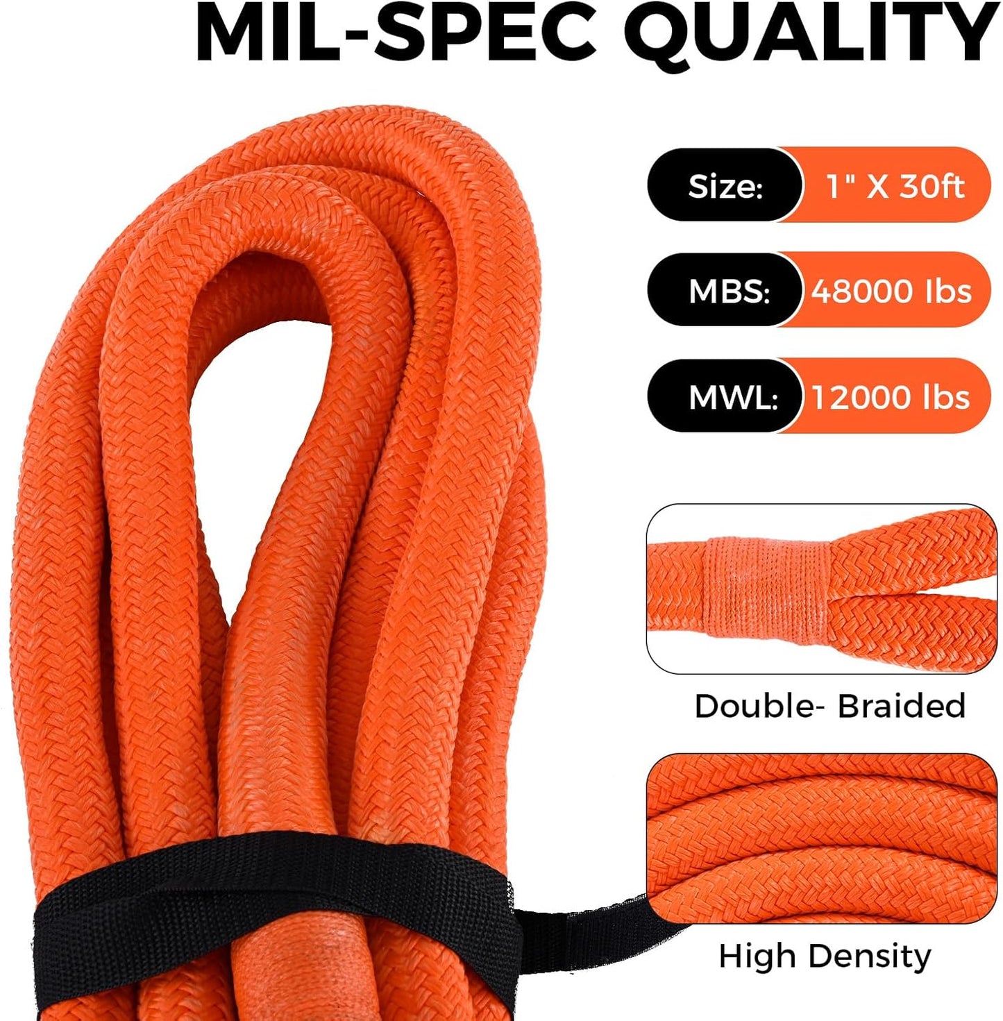 Kinetic Recovery Tow Rope, 48000LBS Snatch Strap (1" x 30ft) with Soft Shackles, Extreme Duty 30% Elasticity Energy Offroad Towing Straps Kit for Car Jeep Trucks SUV UTV ATV Tractor - Orange
