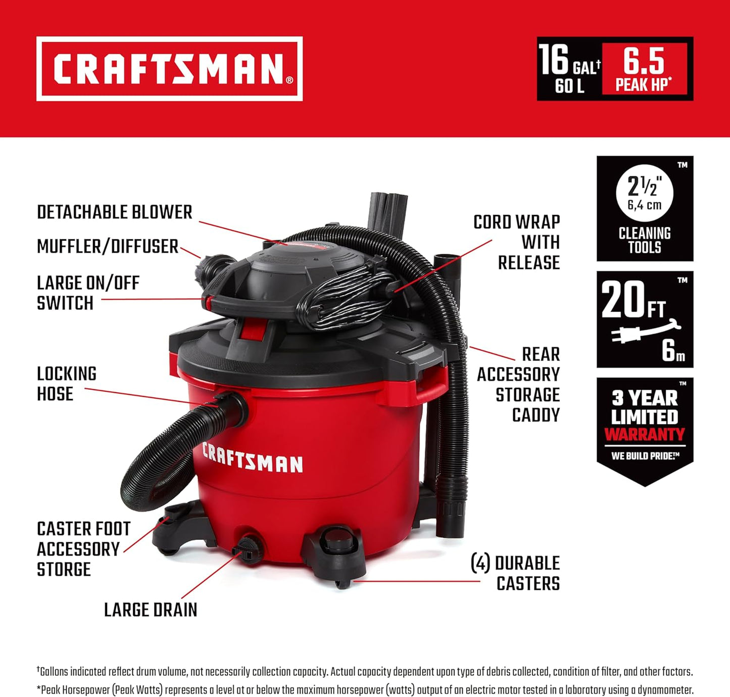 CRAFTSMAN CMXEVBE17607 16 Gallon 6.5 Peak HP Wet Dry Vac with Detachable Leaf Blower, Portable Shop Vacuum Wet and Dry with Filter, Dust Bags, Hose and Attachments for Garage, Outdoor Cleaning