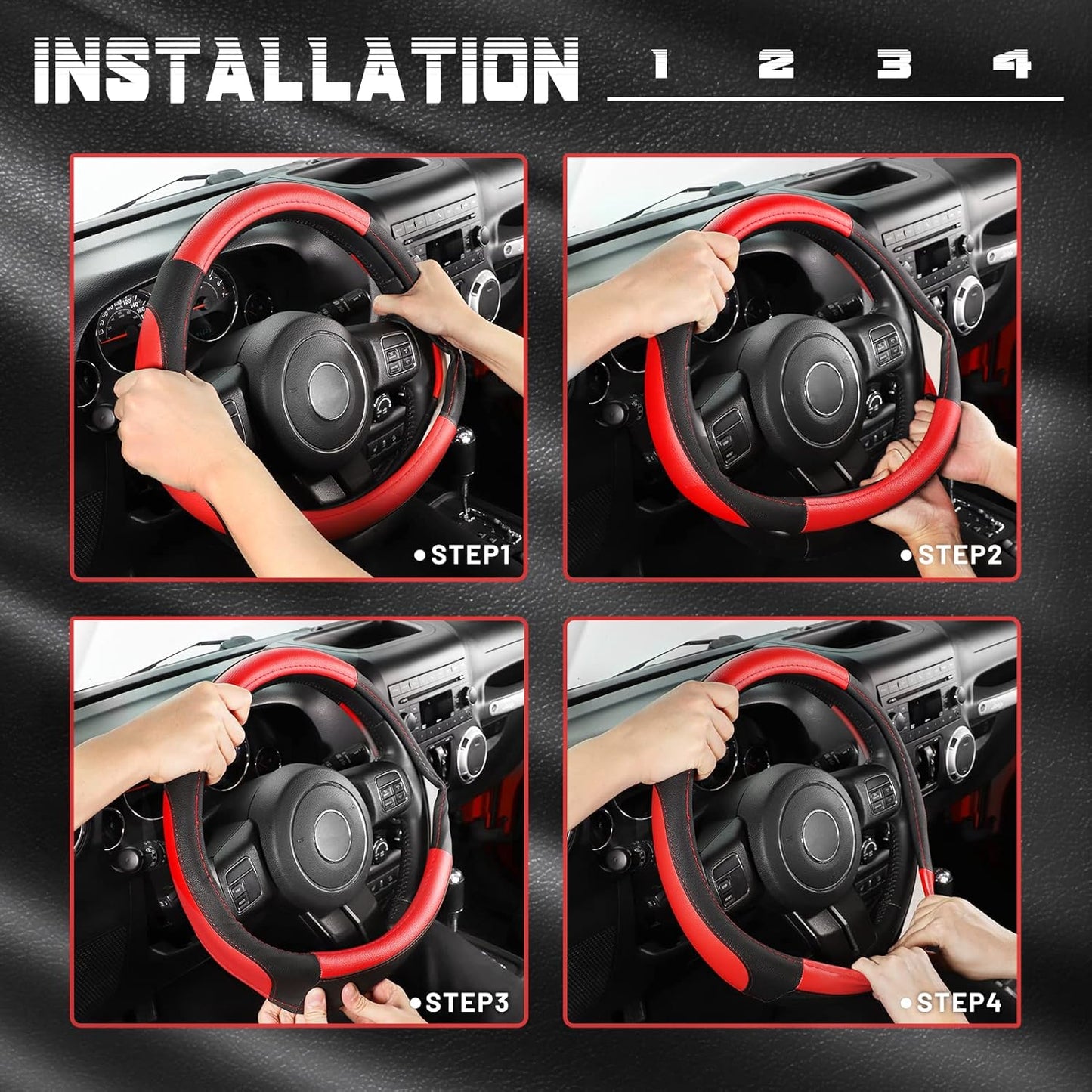 SEG Direct Car Steering Wheel Cover for F-150 Tundra Range Rover 15.5-16 inch, Black and Red Microfiber Leather