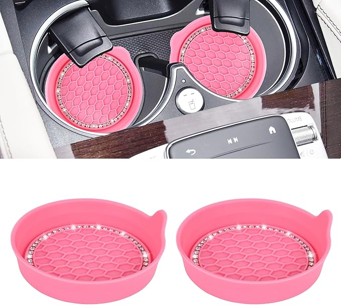 Amooca Car Cup Coaster Universal Non-Slip Cup Holders Bling Crystal Rhinestone Car Interior Accessories 2 Pack Peach Pink