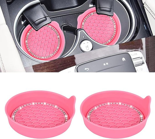 Amooca Car Cup Coaster Universal Non-Slip Cup Holders Bling Crystal Rhinestone Car Interior Accessories 2 Pack Peach Pink