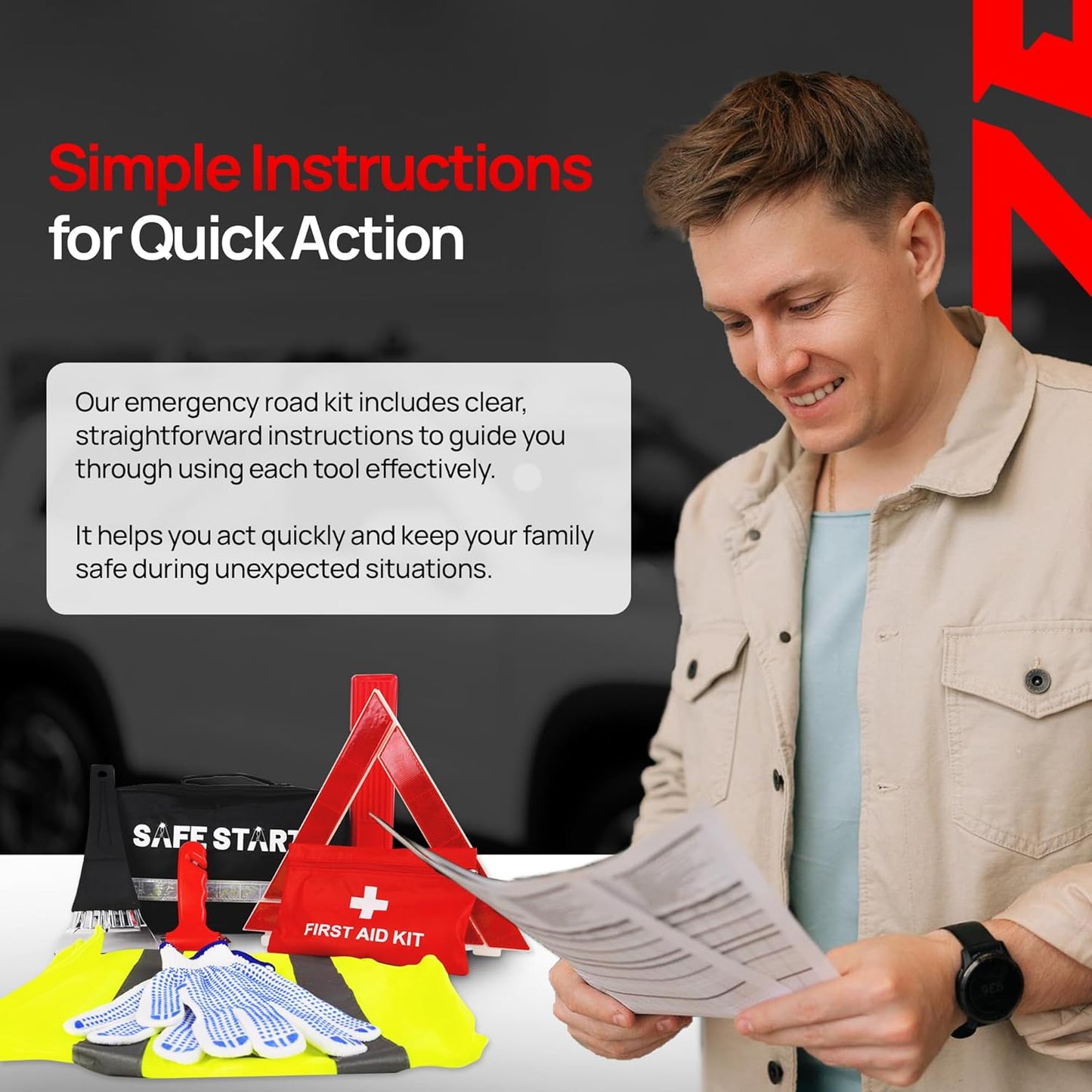 Car Emergency Kit - Car Safety Kit with First Aid, Safety Hammer, Reflectors, Gloves, Ice Shovel - Compact Roadside Tool Kit for Repairs, Snow, Accidents - Protect Your Family on The Road