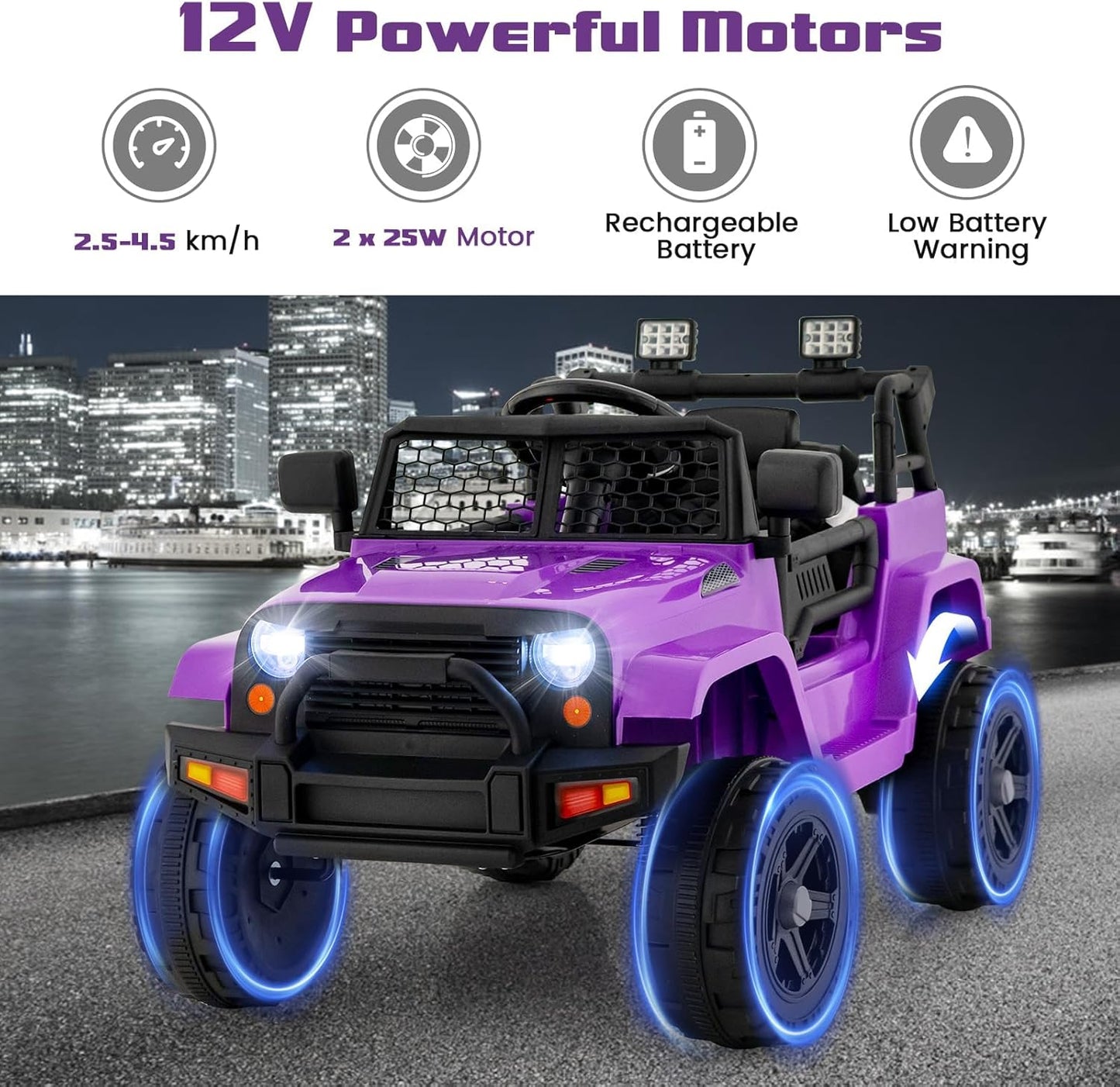 OLAKIDS Kids Ride On Truck, 12V Electric Vehicle Jeep Car with Remote Control, Toddlers Battery Powered Toy with 2 Speeds, Spring Suspension, Double Open Doors, LED Light, Music, TF, USB, Mp3 (Purple)