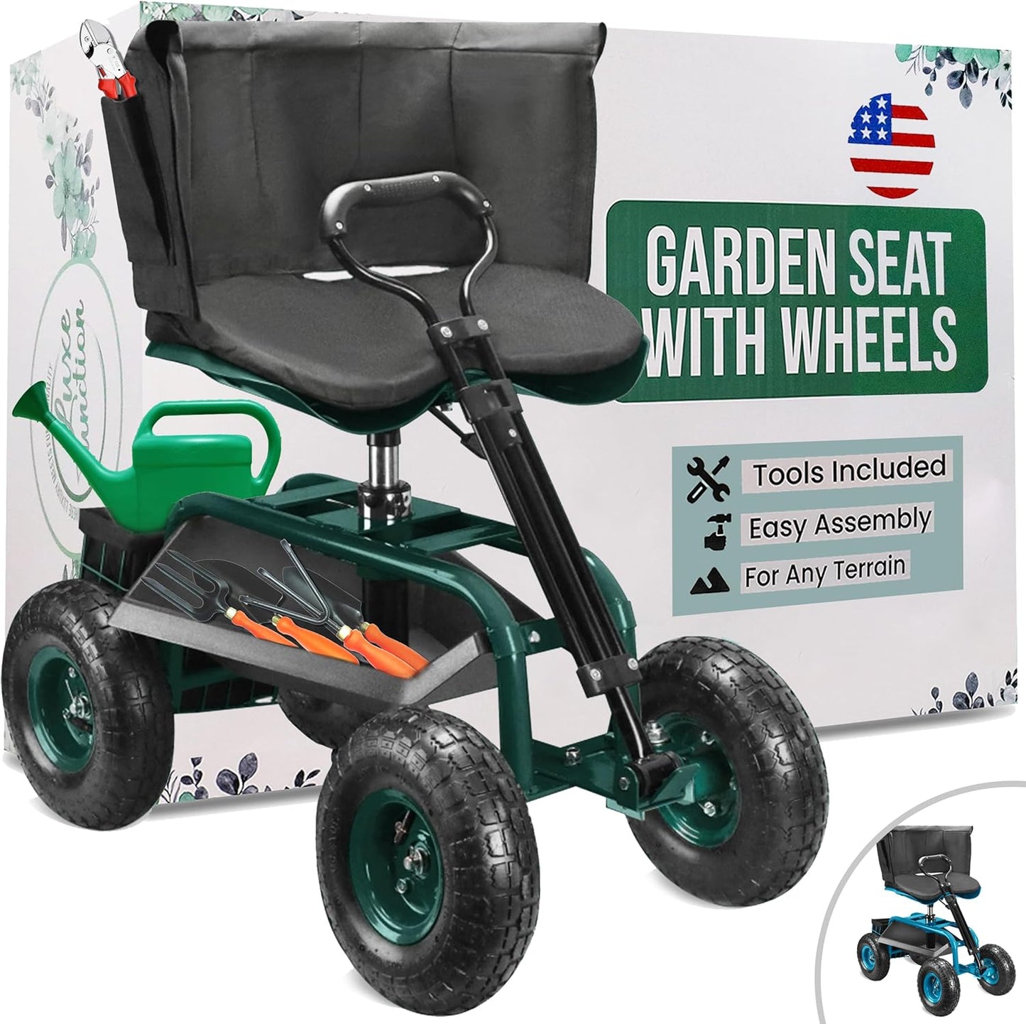 Garden Seat with Wheels – Adjustable 360° Swivel Gardening Stool with Hydraulic Height Adjustment, Ergonomic Backrest, and Tool Storage – Rolling Stool for Garden, Yard, and Outdoor Use
