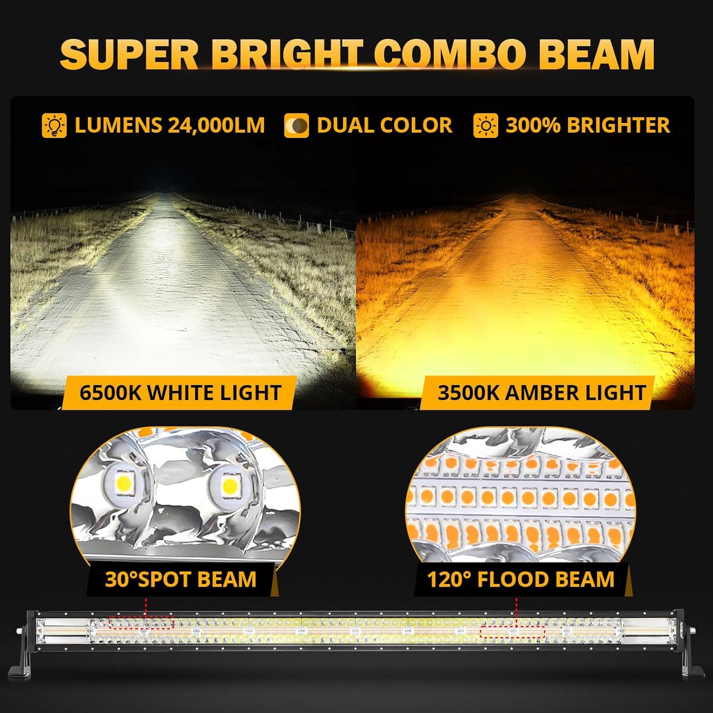Auxbeam LED Straight Light Bar 50 Inch 288W Amber White Fog Lights, 6 Modes Strobe Yellow Offroad Driving Work Light with Memory Function for Truck Boat Jeep