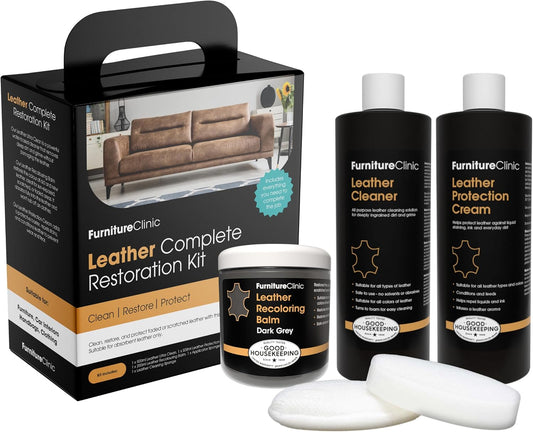 Furniture Clinic Leather Complete Restoration Kit | with Leather Recoloring Balm, Cleaner, 2-in-1 Protection Cream & Conditioner, Sponge, and Cloth | Repair Kit for Furniture (Dark Grey)