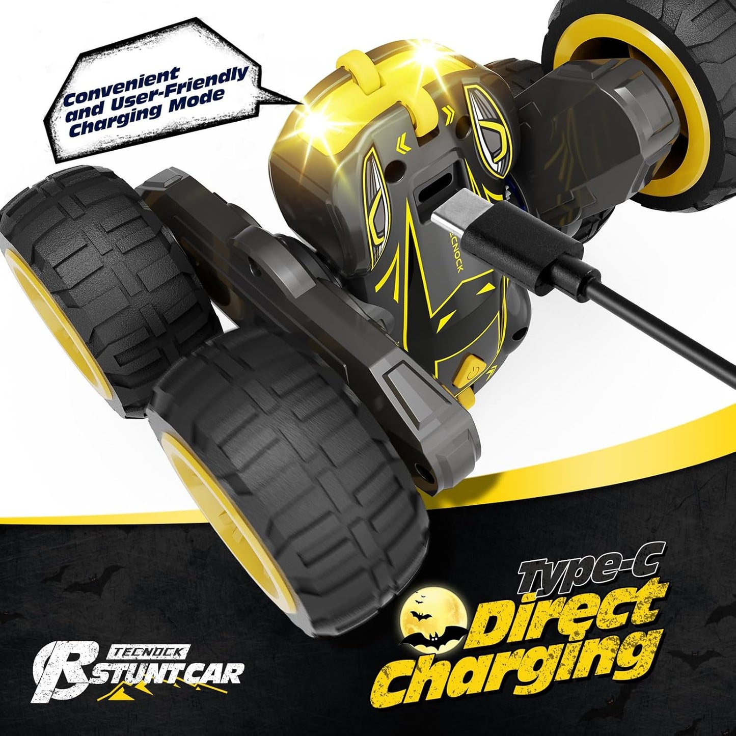 Tecnock Remote Control Car for Kids, 2.4GHz RC Cars with USB-C Easy Charging, 4WD Double Sided 360° Rotates and Flips RC Stunt Car, Toys Gift for Boys and Girls