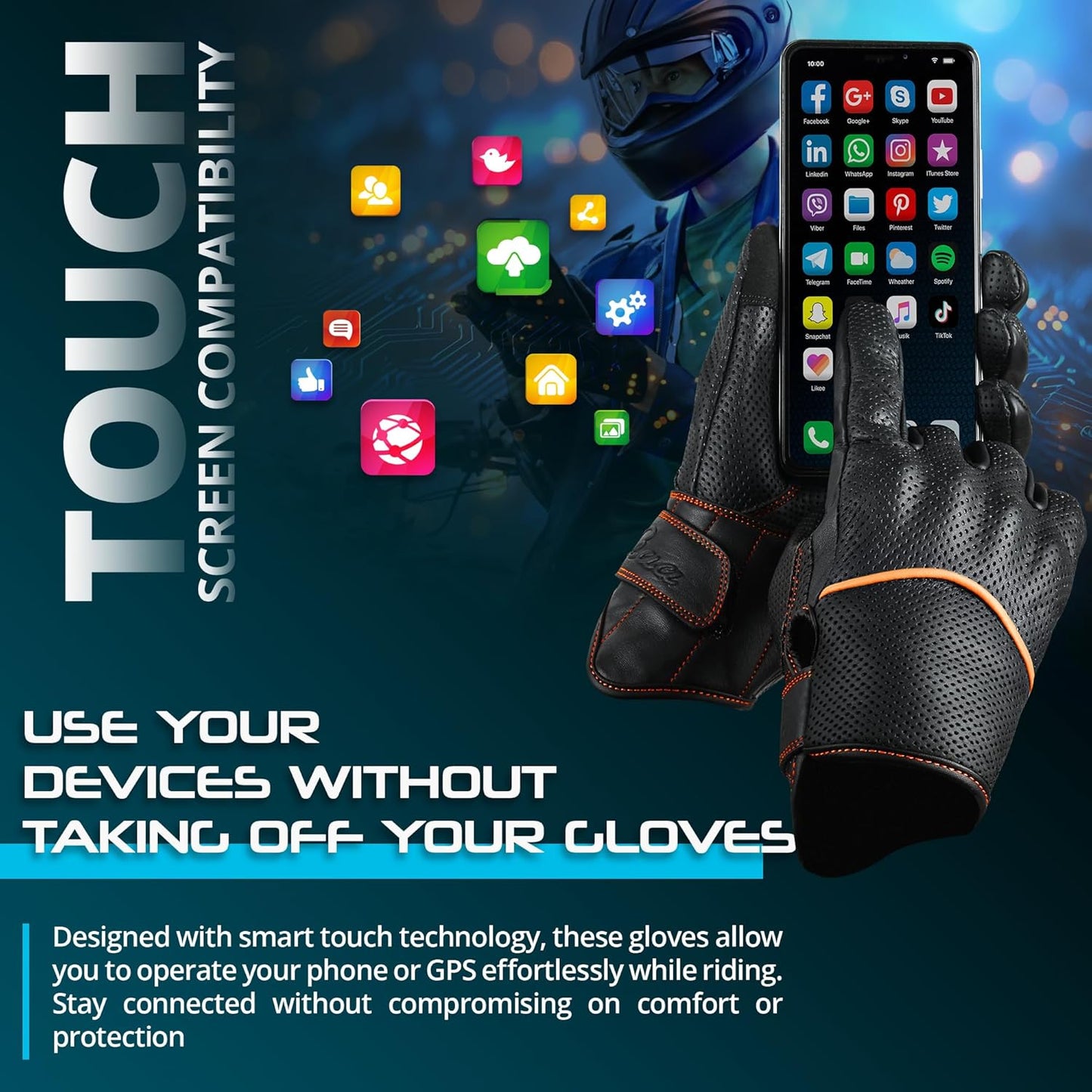 aasportx Motorcycle Gloves - Men's Leather Motorbike Gloves with Touchscreen Function - Non-Slip Pads for Men & Women