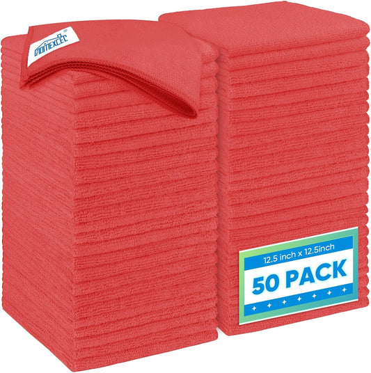 HOMEXCEL Red Microfiber Cleaning Cloth 50 Pack, 12.5 x 12.5 inch Microfiber Towels for Cars, Ultra Absorbent Car Washing Cloth, Lint Free Streak Free Cleaning Rags for Car, Kitchen, and Window