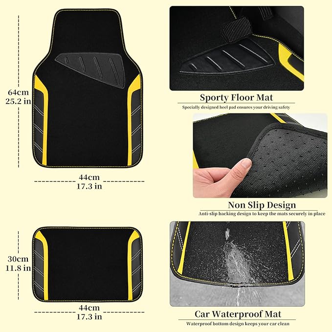 CAR PASS Leather Steering Wheel Cover and Waterproof Car Floor Mats,Microfiber Universal Car Combo Fit for 95% Sedan SUV Van Truck,14.5-15 inch Sporty Anti-Slip Safety Comfortable Design, Black＆Yellow