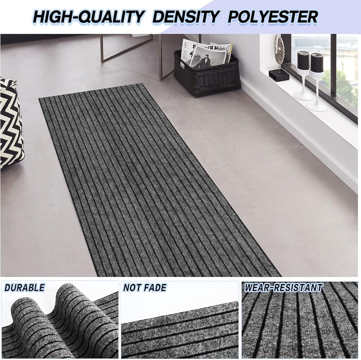 Custom Size Backed Non-Slip Area Rugs Runner, Easy Clean, Waterproof Runner Rugs for Hallway Entryway, Kitchen, Laundry, 3FT x 70FT, Gray Stripe