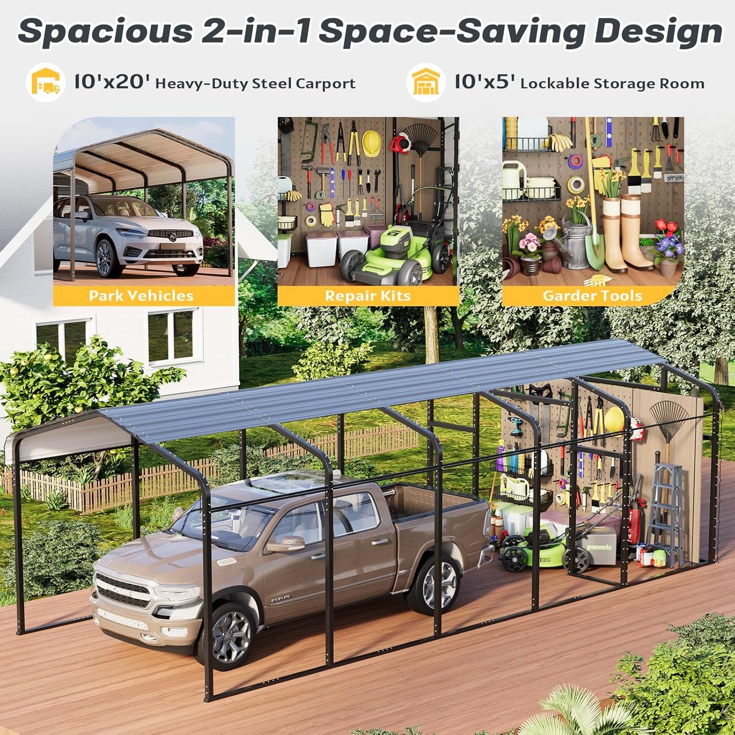 EROMMY 10x25 FT Carport Storage Shed 2-in-1, Heavy Duty Car Port with Galvanized Metal Frame, Base-Reinforced Enclosed Storage Shelter, Extended Coverage for Trucks, Cars & All Vehicles, Gray