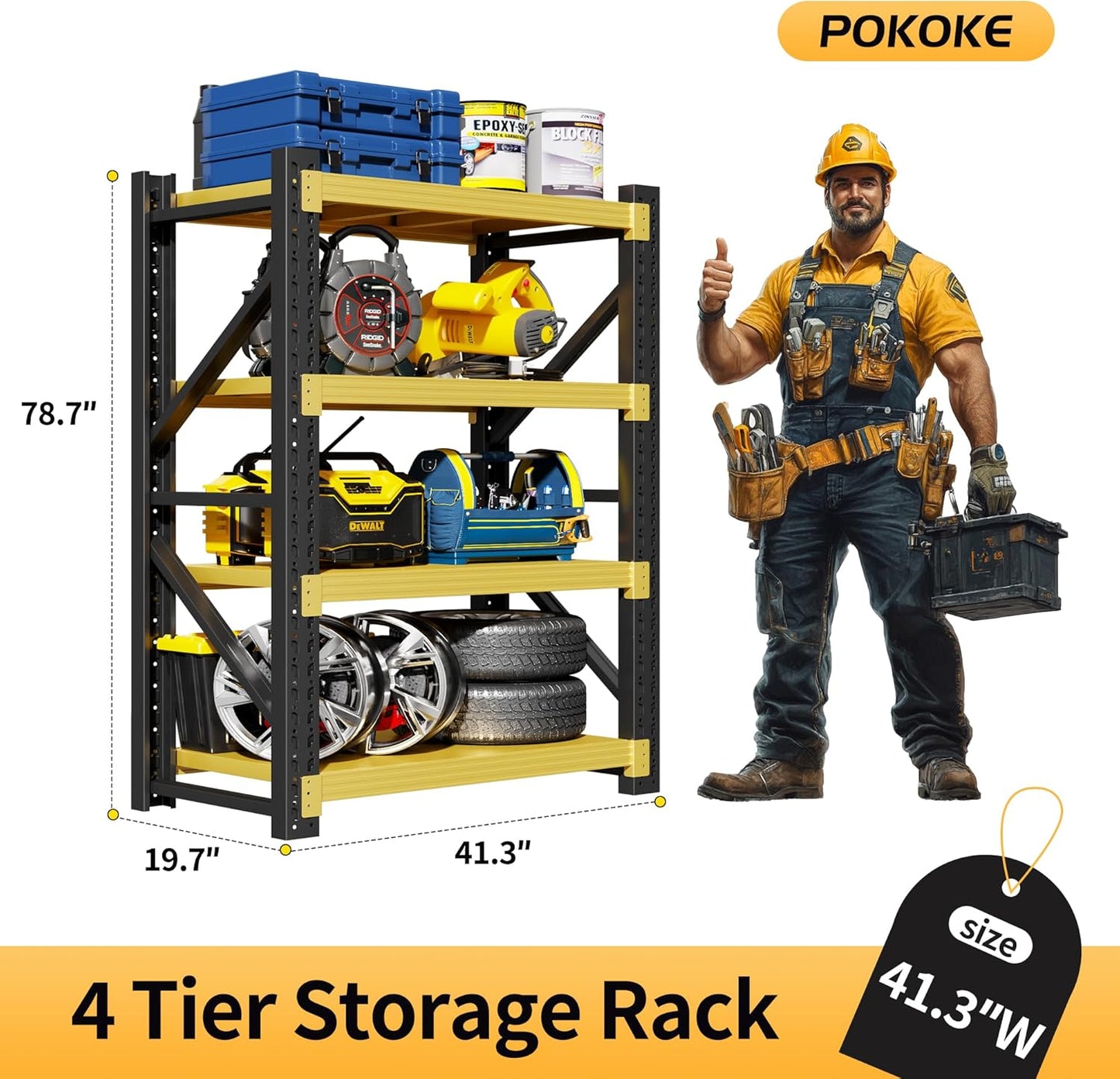 Garage Shelving Unit, 4 Tier Heavy Duty Racks, Easy Assembly, Metal Racks with Adjustable Shelves, 3000 LBS Load Capacity,for Warehouse,Basement (Black&Yellow, 19.7" D x 41.3" W x 78.7" H)