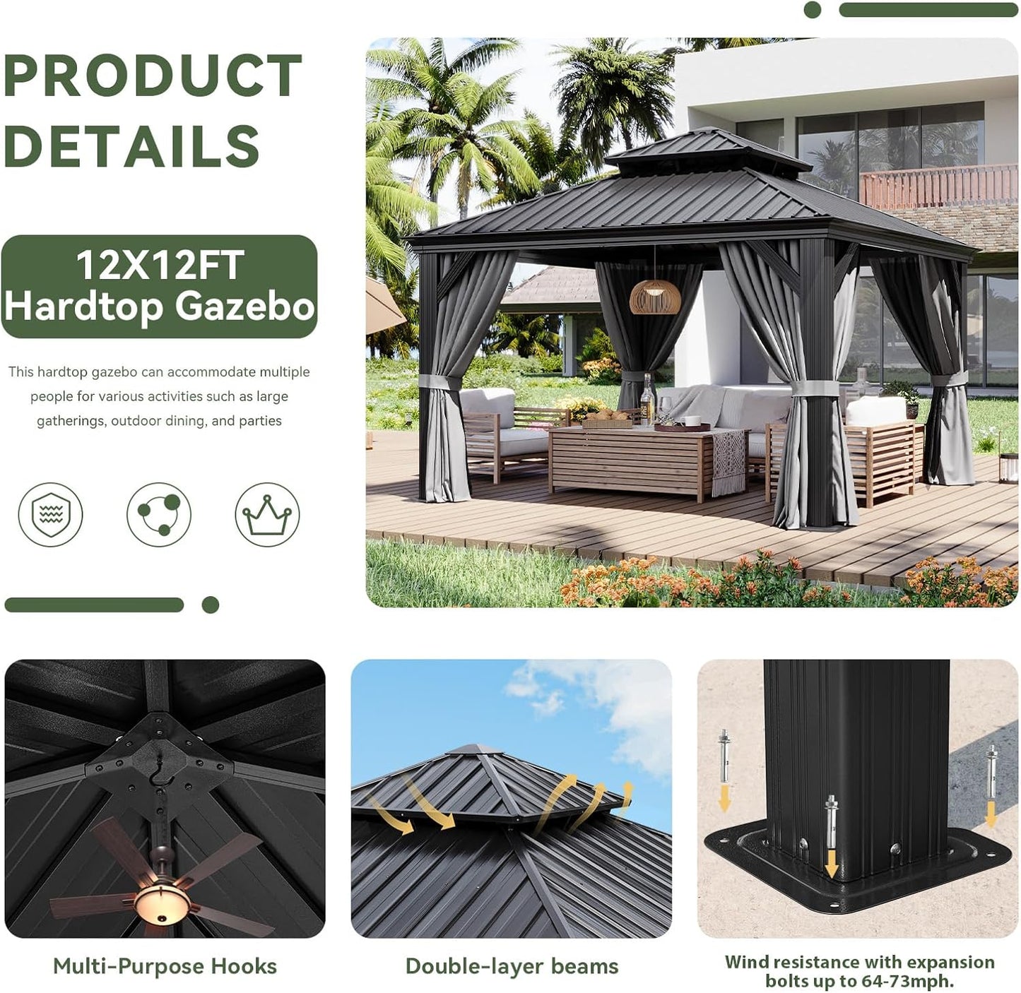 Aoxun 12' X 12' Hardtop Gazebo with Drainage System, Aluminum Outdoor Gazebo with Galvanized Steel Double Roof, Patio Permanent Metal Pavilion with Netting, for Garden, Deck, Grey