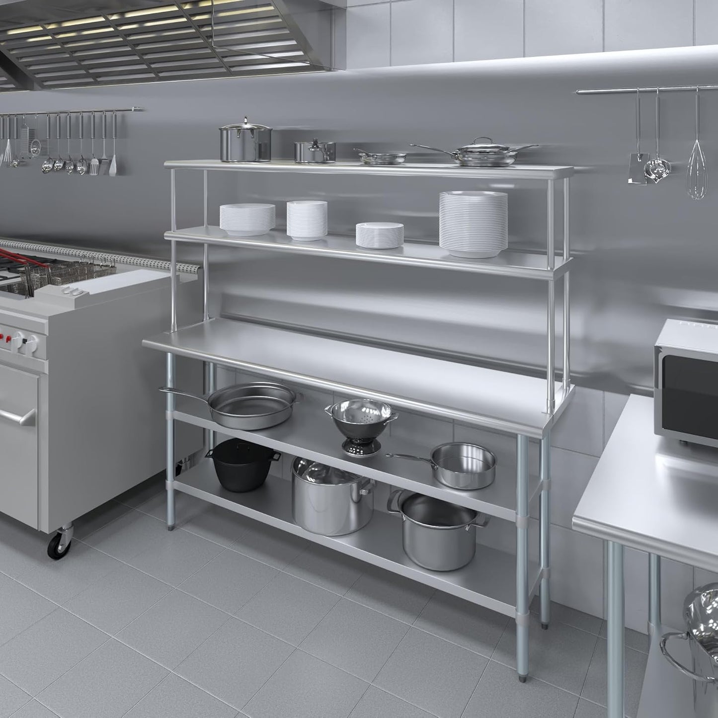 Amgood Stainless Steel Work Table with 2 Shelves | Metal Kitchen Prep Table & Shelving Combo (18" x 72" Table with 2 Shelves + 12" Overshelf)