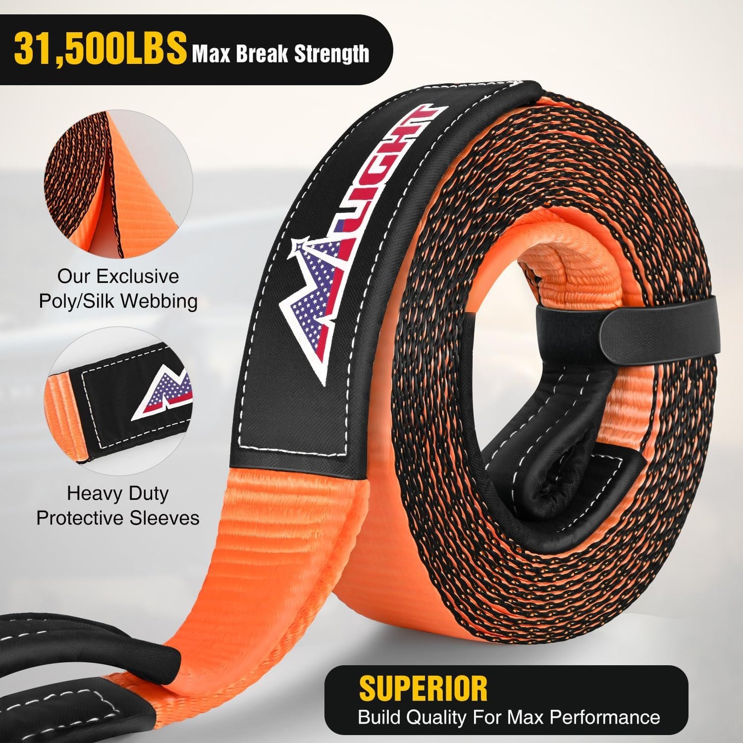 Nilight 3" x 20' Recovery Tow Strap Lab Tested 31,500lbs Break Strength Heavy Duty Off Road Straps with Triple Reinforced Loop Emergency Towing Rope of Mind for SUV, UTV, ATV, Truck, 2 Years Warranty