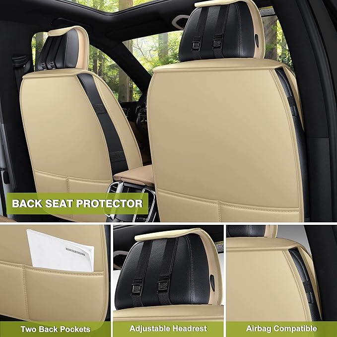 AOOG Leather Car Seat Covers, Leatherette Automotive Seat Covers for Cars SUV Pick-up, Non-Slip Vehicle Car Seat Covers Universal Fit Set for Auto Interior Accessories, Full Set, Beige