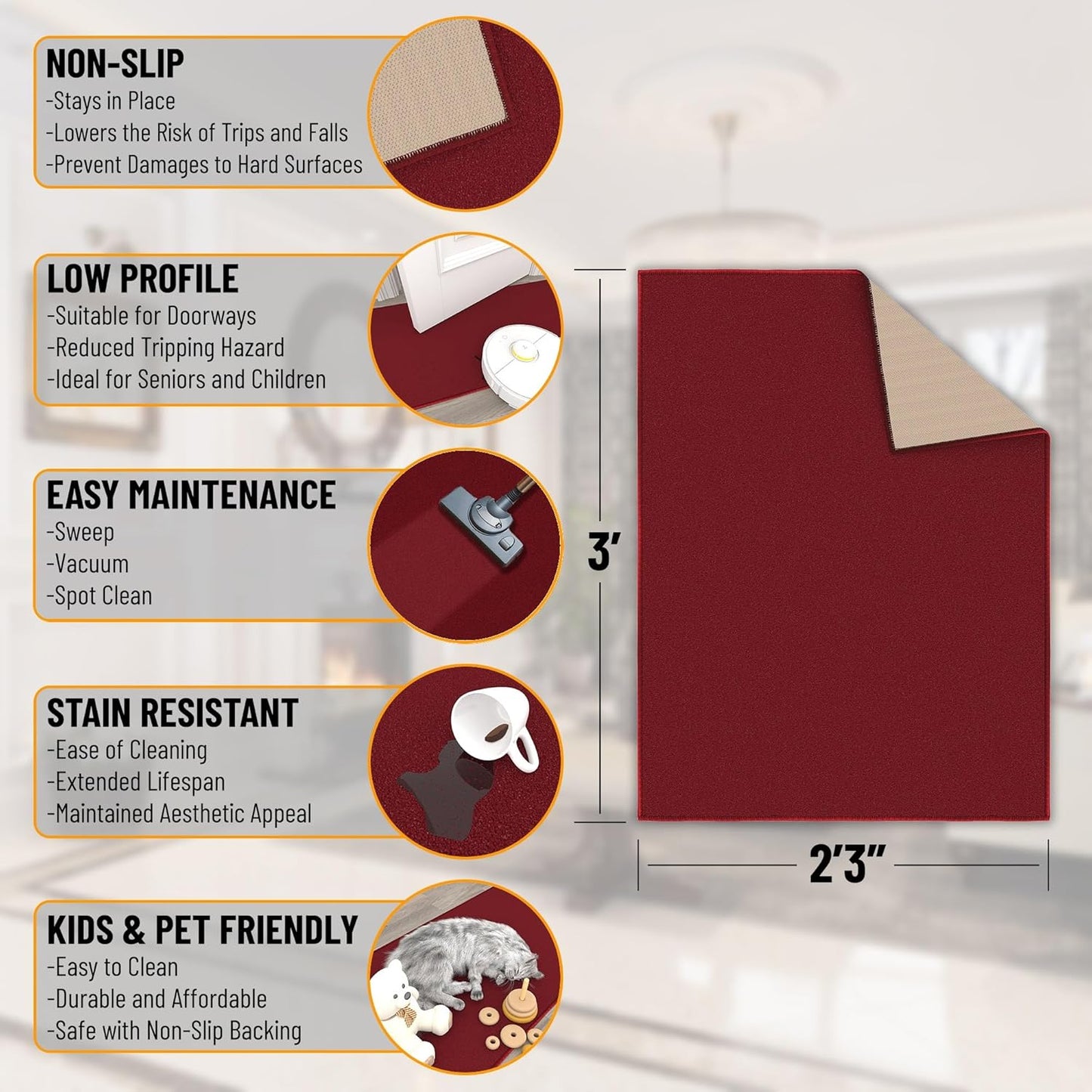 Ottomanson Rugs for Entryway 2'3" x 3' Non Slip Solid Small Area Rugs Durable Front Door Mat Rug Stain Resistant Entrance Rugs for Bathroom Kitchen Bedroom & Living Room, Red