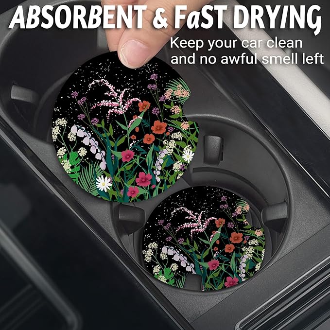 Car Coasters for Cup Holders，2.75" Anti Slip Rubber Mat with A Finger Notch, 2 Pack Car Cup Holder Coasters for Car Interior Accessories for Women Men Flower