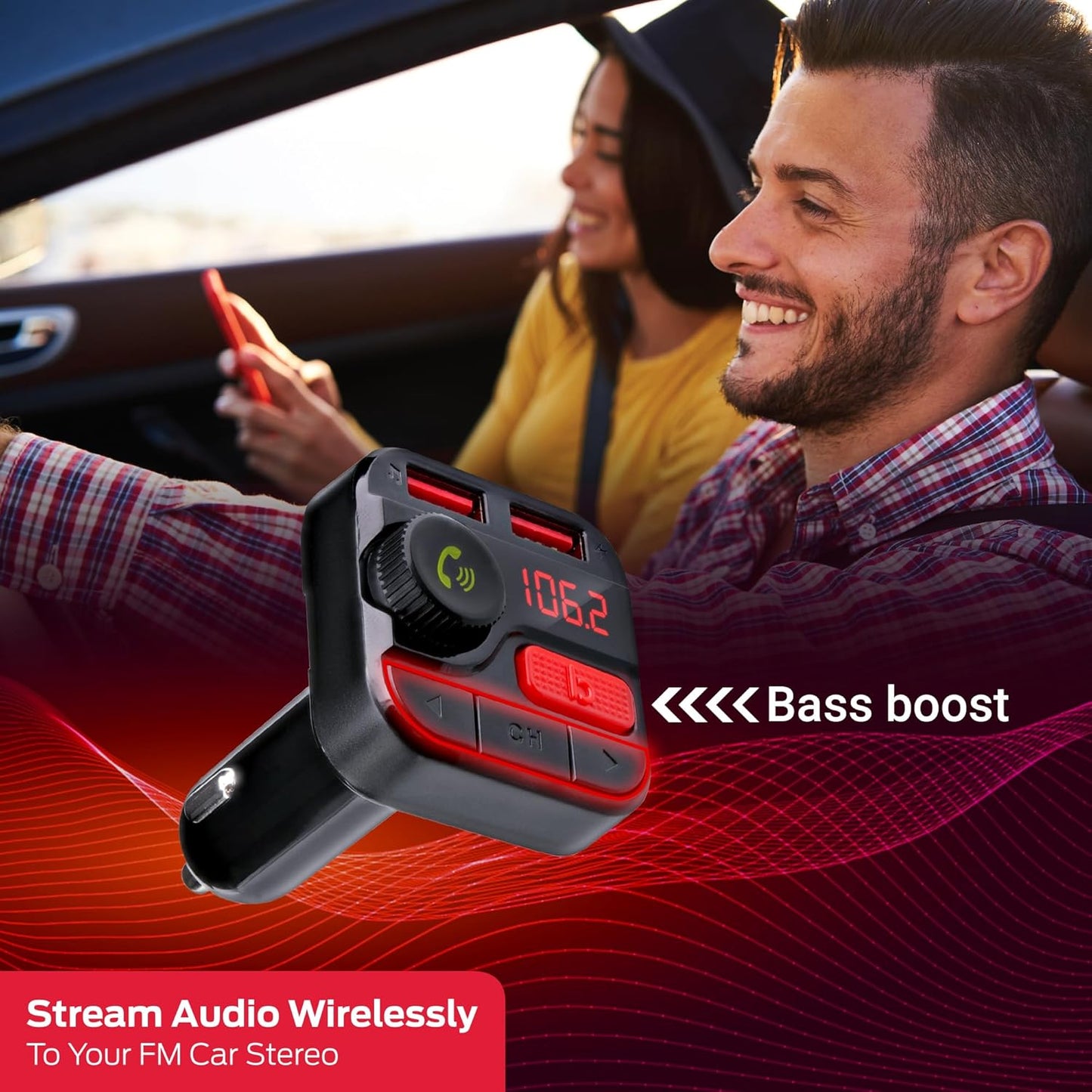 Monster Bluetooth FM Transmitter for Car Cigarette Lighter, Bass Boost, Track Back/Forward, Volume, Play/Answer Buttons, Micro SD Card Slot, Microphone, 2 USB Chargers, Google Voice & Siri Compatible