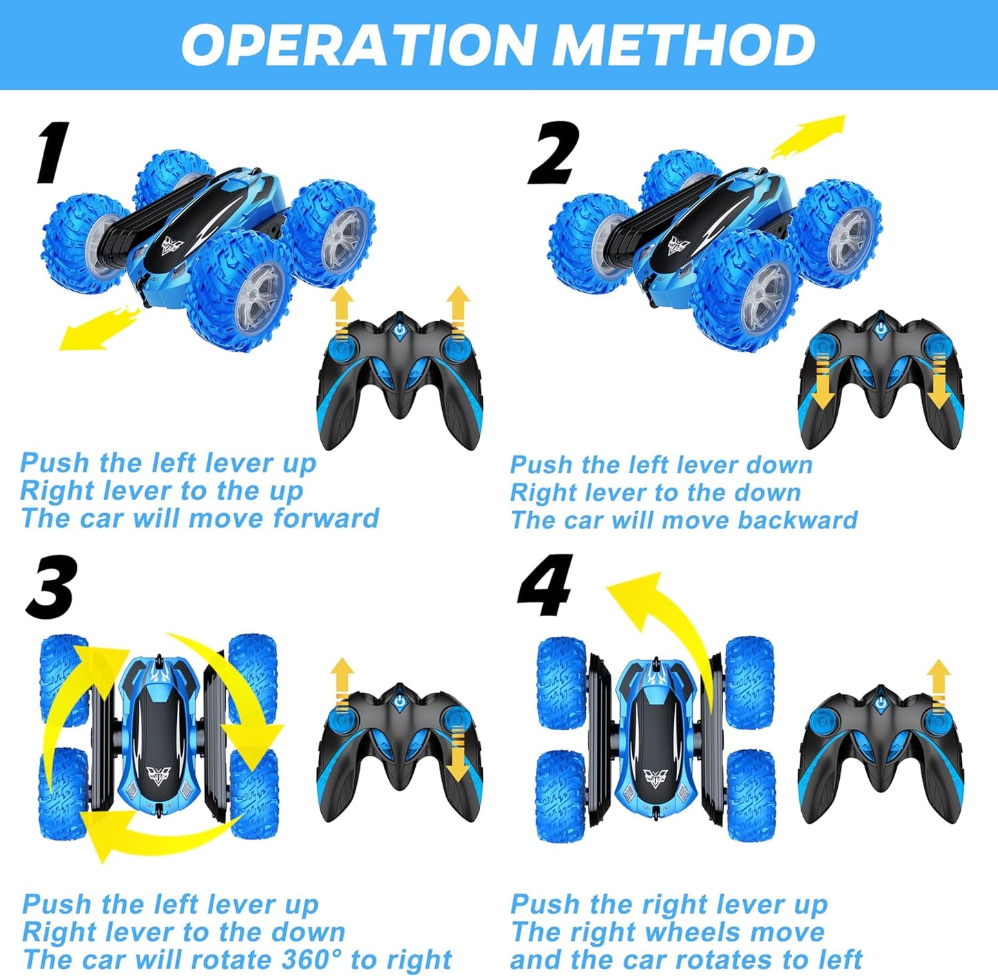 KKONES Remote Control Car, 2.4GHz Double Sided 360° Flips Rotating Electric Race RC Stunt Car, LED Wheel & Headlight High Speed Off Road Cars Toy Gift for 3 4 5 6 7 8-12 Year Old Boy Toys (Blue)