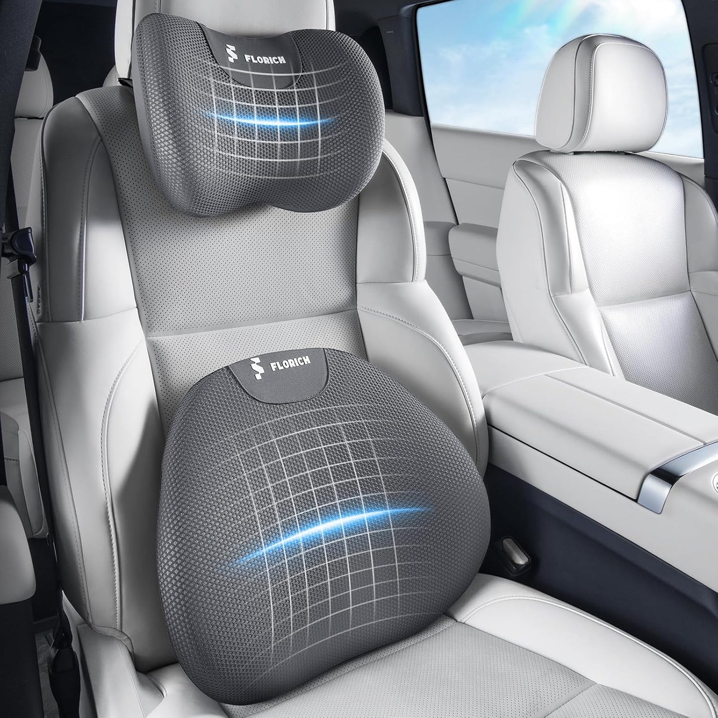 FLORICH Lumbar Support Pillow and Neck Pillow for Office Chair Car, Ergonomic Memory Foam Back Support for Office Gaming Chair Driving Seat Wheelchair, Relieves Neck, Back & Sciatica Pain – Grey