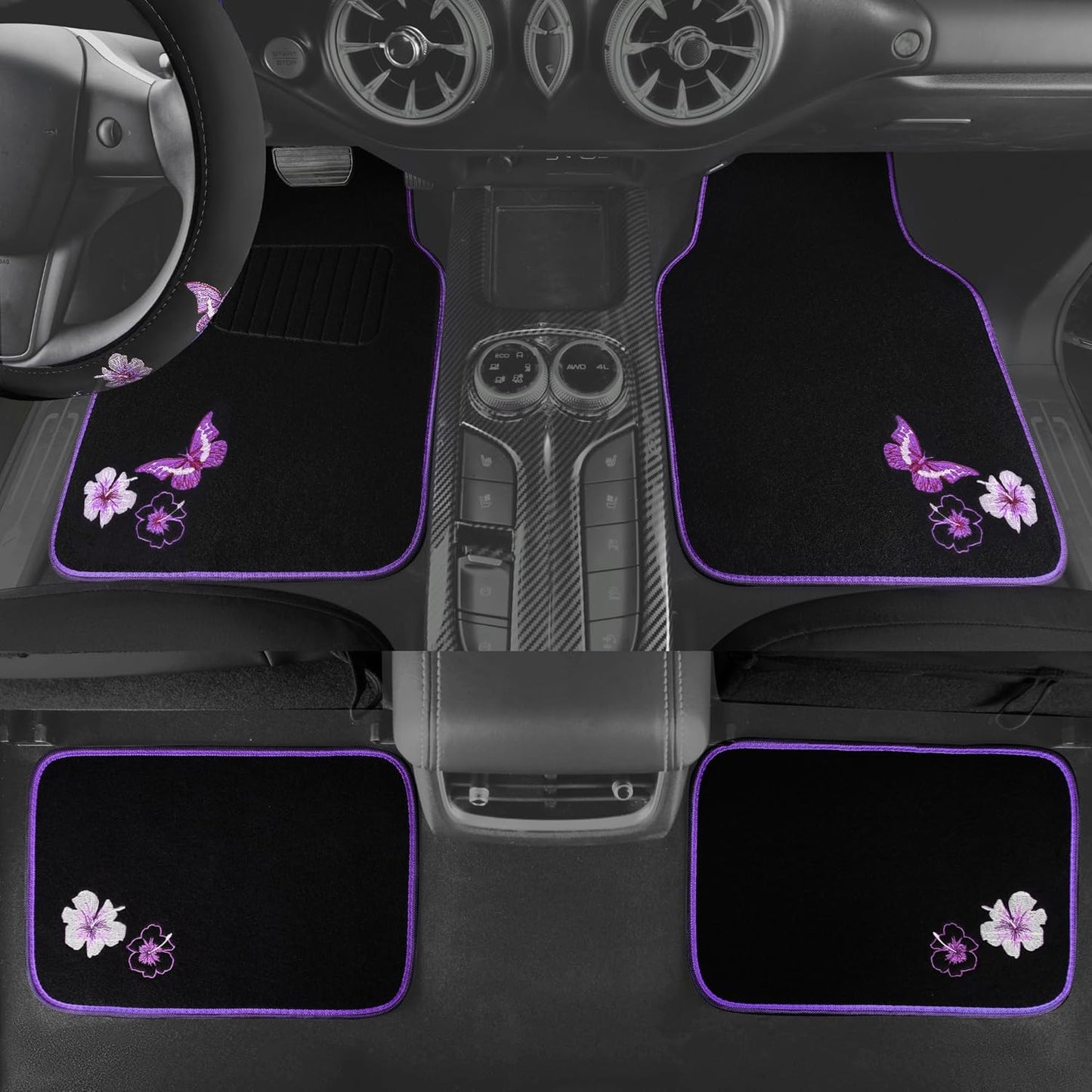 CAR PASS Butterfly Steering Wheel Cover and Waterproof Car Floor Mats,Purple Car Mats 14.5-15inch Steering Wheel Covers Universal Fit for Suvs,Sedans Cars,for Women Girl(Black and Purple)