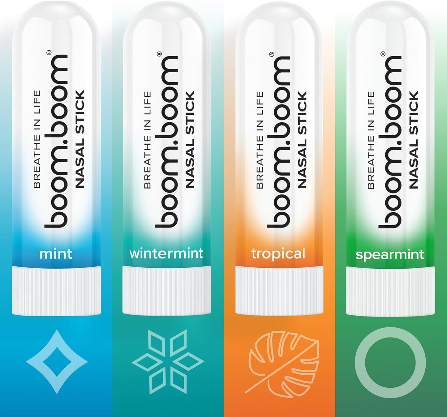 BoomBoom Nasal Stick | Vapor Flow Technology | Cool Refreshing Sensation | Natural Mood Boost | Simple Ingredients | Essential Oils + Menthol Inhaler (Mint, Wintermint, Tropical, Spearmint)