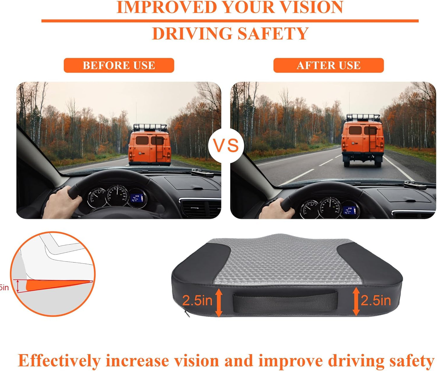 kingphenix Premium Car Seat Cushion, Memory Foam Driver Seat Cushion to Improve Driving View- Coccyx & Lower Back Pain Relief- Seat Cushion for Car, Truck, Office Chair (Black & Gray Mesh Cloth)